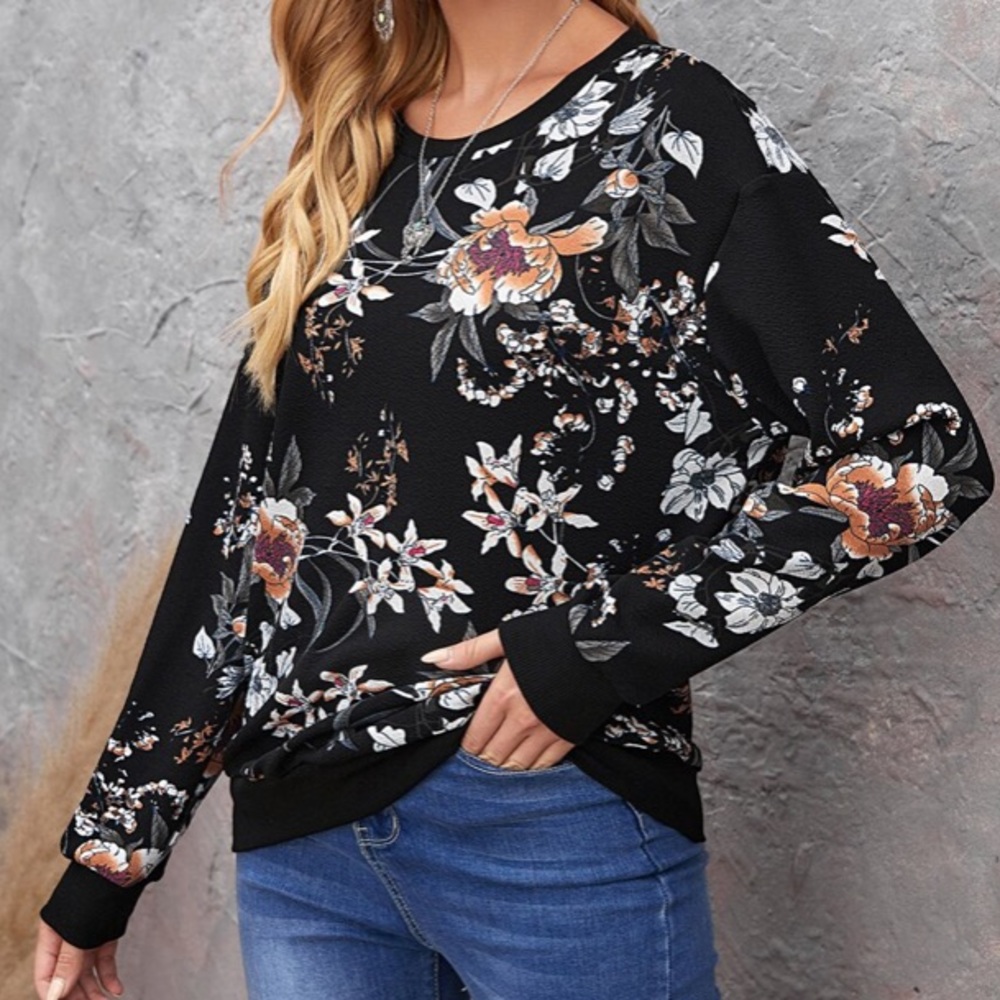 Boho Black Floral Multicolor Loose Fit Sweatshirt - Picture 4 of 7